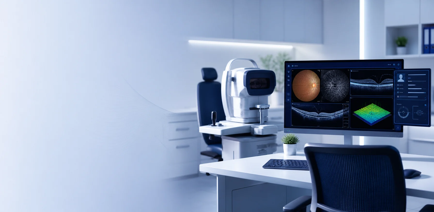 Clínica oftalmológica com exames de retina e OCT em fluxo digital
